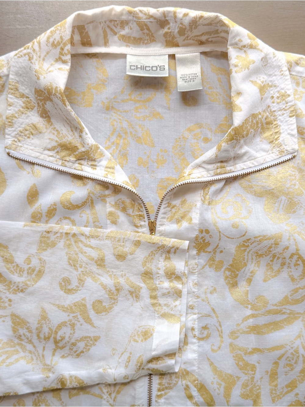 Chico’s White & Gold Damask Print Zip Jacket & Linen-Blend Shirt Set L EUC - Picture 4 of 12